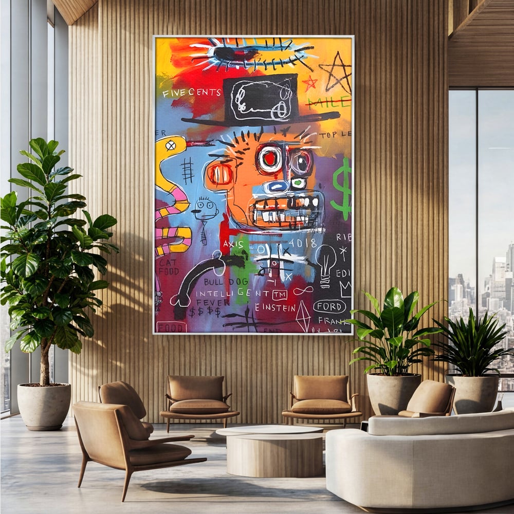 Tablou canvas cu tablou abstract cu portret si inscriptii, in rama de aluminiu argintiu, pe perete intr-un birou